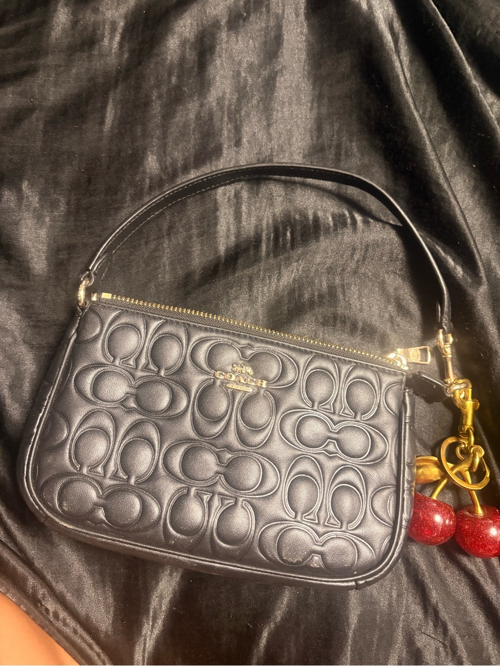 Coach Black Quilted Signature Leather Wristlet with Gold Accents